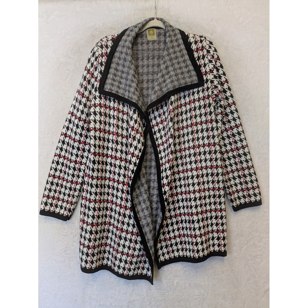 Anne Klein Houndstooth Cardigan Women's Large Black White Red Open Front Knit